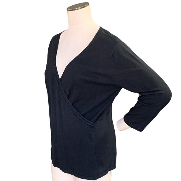 Coldwater Creek Faux Wrap Silk Blend Top Lace Trim Neckline S Black 140F - Picture 4 of 8